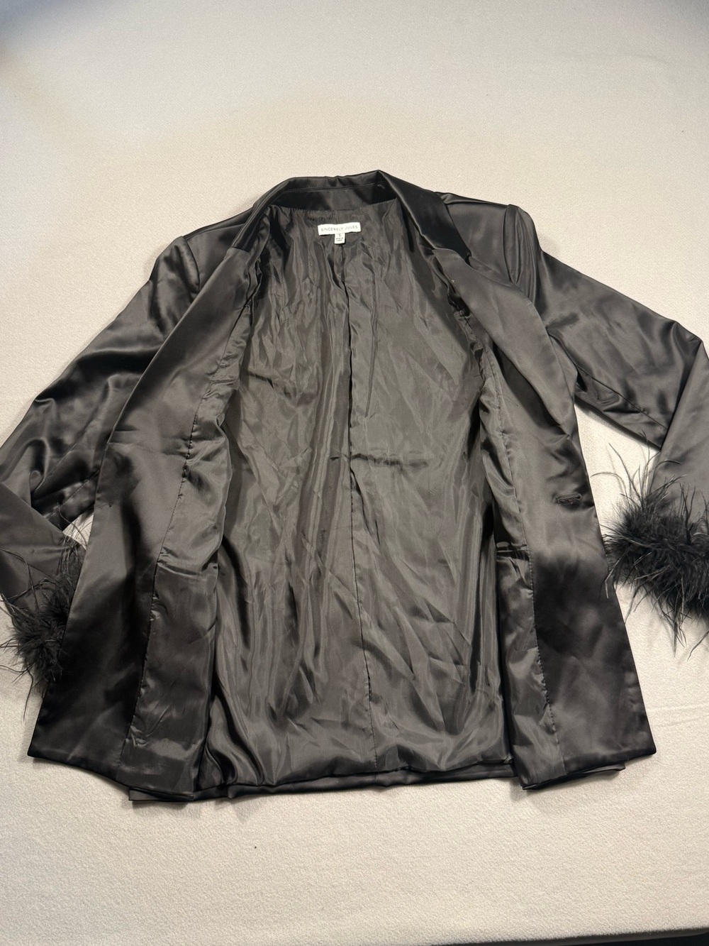 Sincerly Jules Small Black Satin Blazer Feather Cuffs Holiday New Years Party - Picture 7 of 10